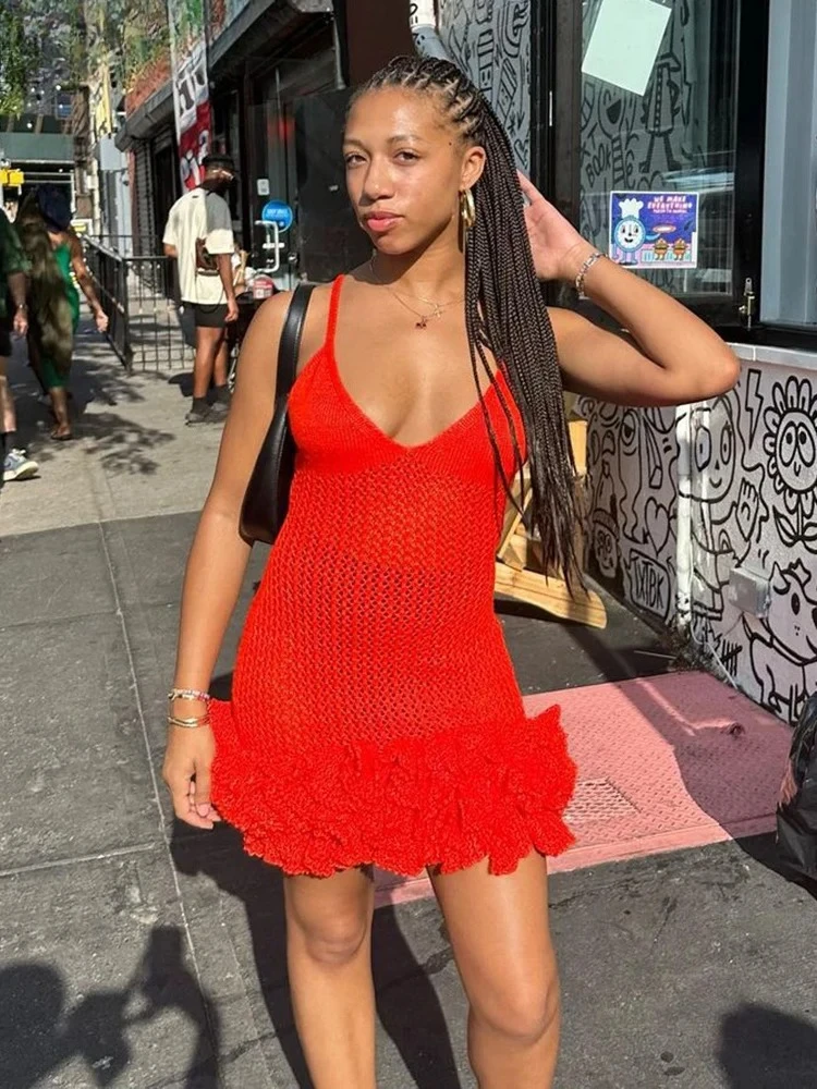 ถักผู้หญิงชุดเซ็กซี่ Hipster ดูผ่านจีบ Hem ลึก v คอ Backless Cami Bodycon Midnight Clubwear