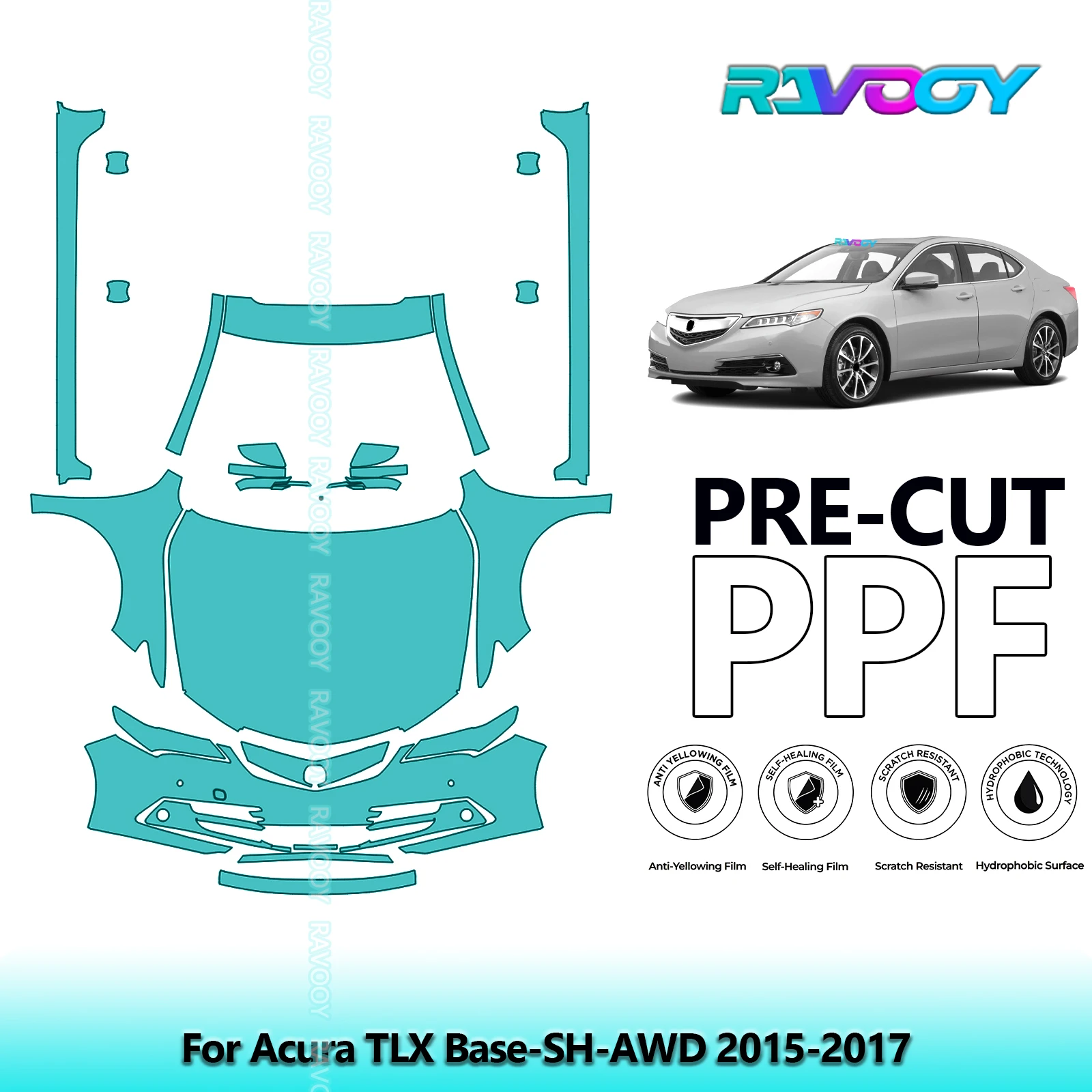 RAVOOY Custom-Fit Precut TPU PPF Front Kit+Rockers Clear Bra Stone Guard EU UK For Acura TLX Base-SH-AWD 2015-2017