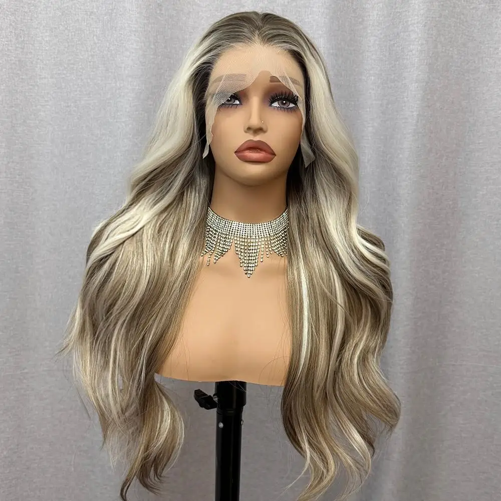 Warm Blonde Ombre Higlight Synthetic Lace Front Wigs Body Wave 13x4 150 Density Natural Hairline Pre Plucked for White Women 24 Inch Lace Front Wigs for Daily Use Heat Resistant Fiber