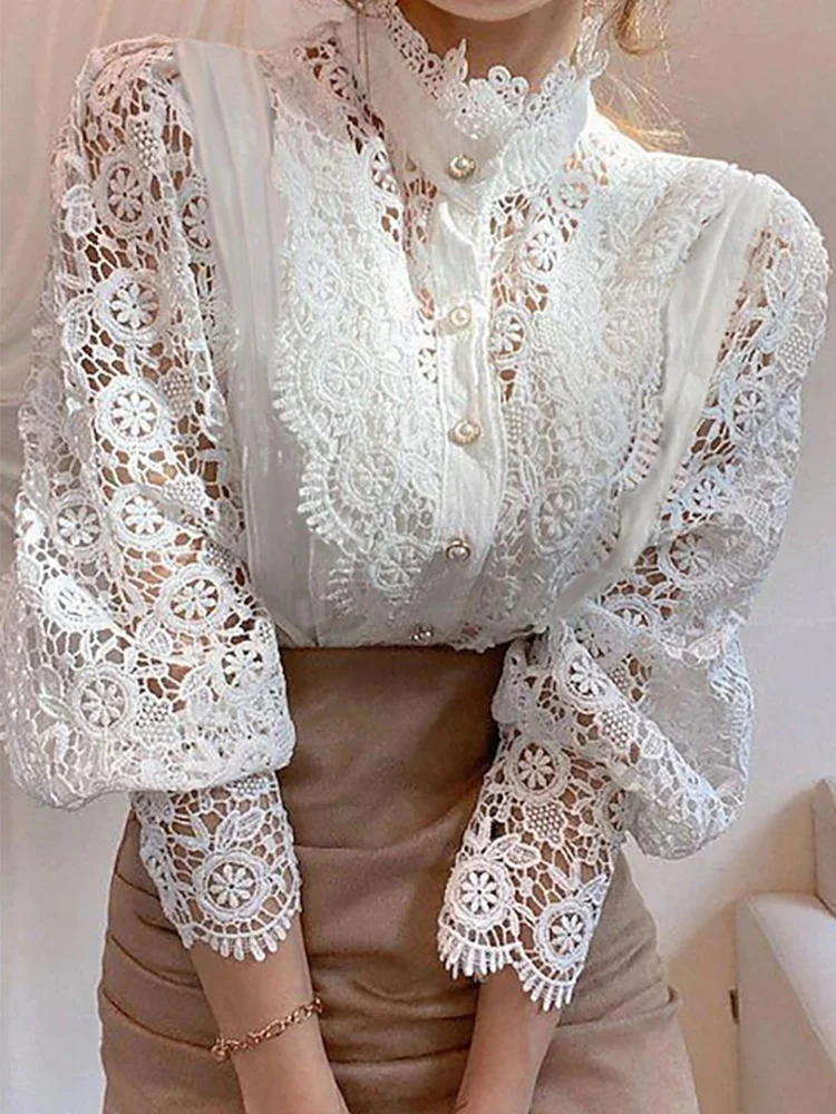 

Women's Lace Blouse Elegant Stand Collar Petal Sleeve Hollow Out Blusas Flower Top Office Flower All-match Fashion Tops