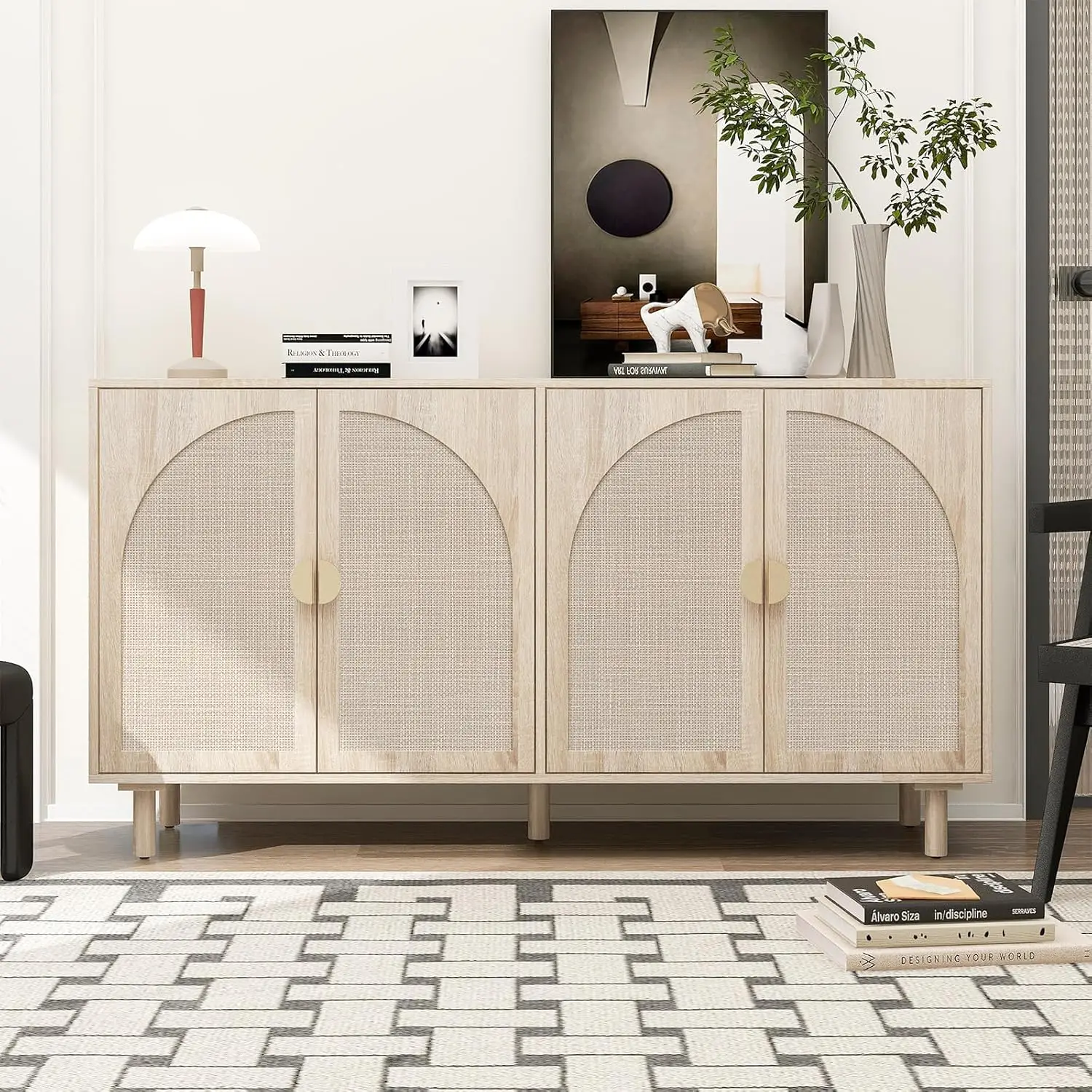 

Sideboard Buffet Cabinet with Storage - Rattan 4 Door Cabinet, Accent Storage Cabinet with Cane Door, Boho Wood, Customized