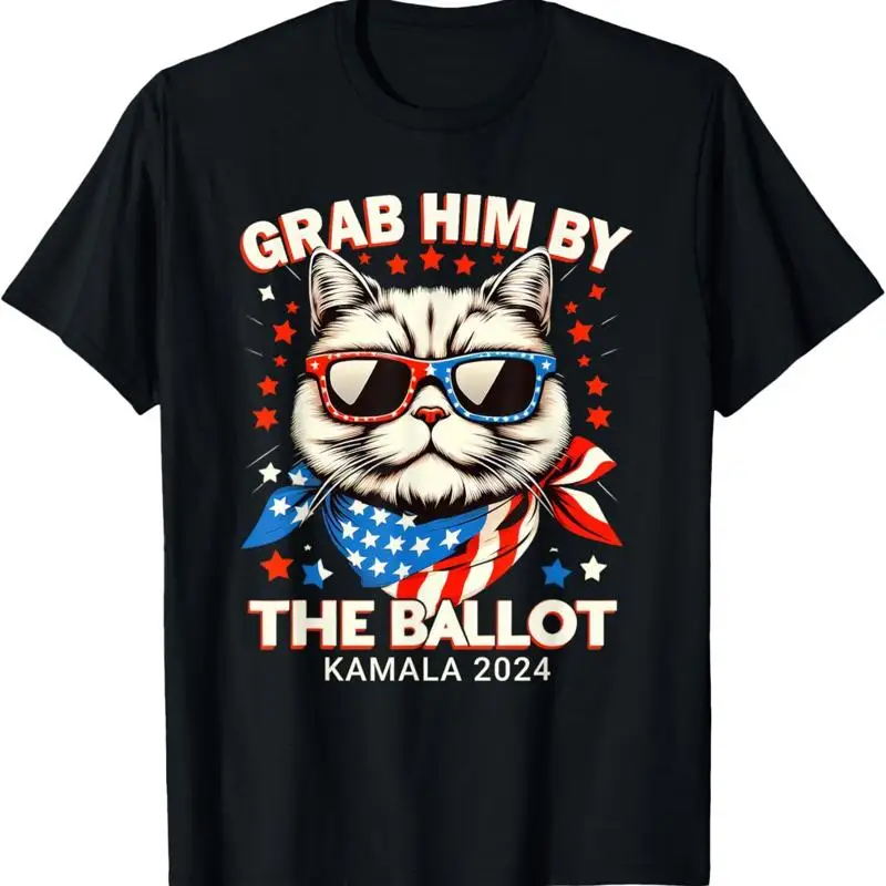 

Grab Him By The Ballot Kamala 2024 Cat Lady Usa Flag Design T Shirt