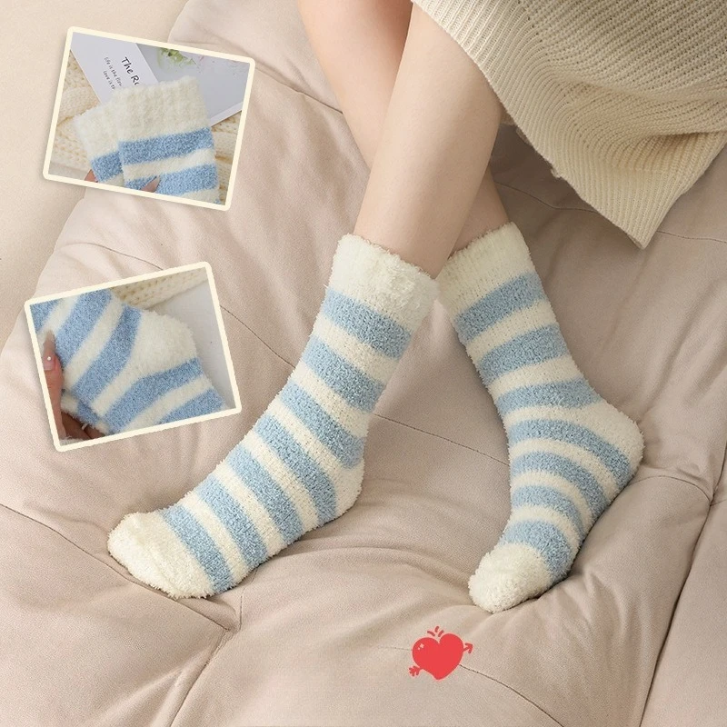 5 أزواج من الجوارب النسائية المبطنة بالصوف لمنتصف الساق لخريف وشتاء سميكة بيضاء منفوشة جوارب سميكة أرضية فضفاضة جوارب نوم منزلية #3