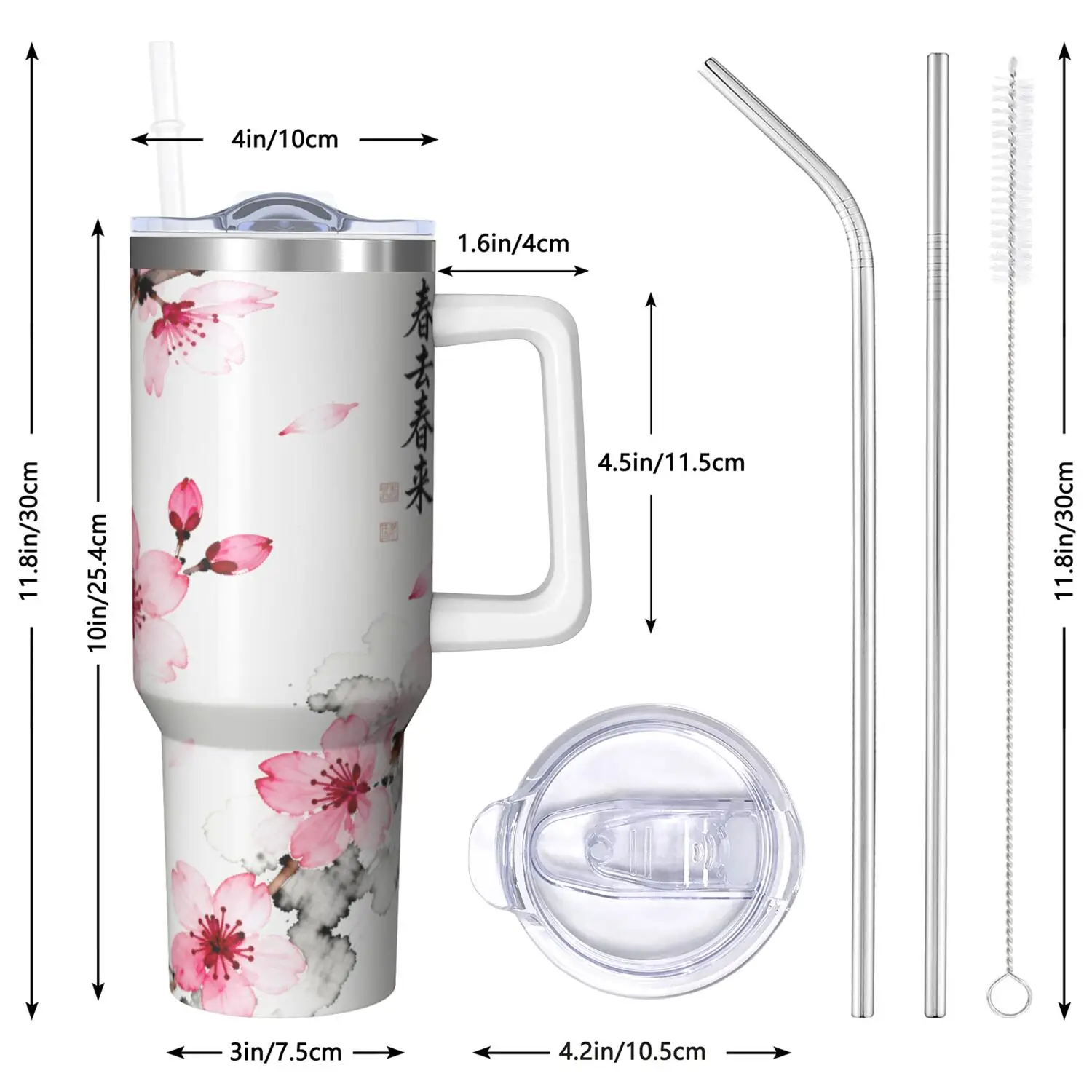 Flower Handle Cup Set with Straw, Maximum Capacity 40oz, Inner Layer 304 Stainless Steel, Outer Layer 201 Stainless Steel, Seamless Inner Liner, Lid Made of PC Material, Suitable for Home, Office, Outdoor, Sports, and Car Use