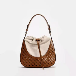Fashionable Autumn and Winter Woven Hollow Shoulder Crossbody Bag Retro Versatile Travel Contrast Color Large Capacity Canvas