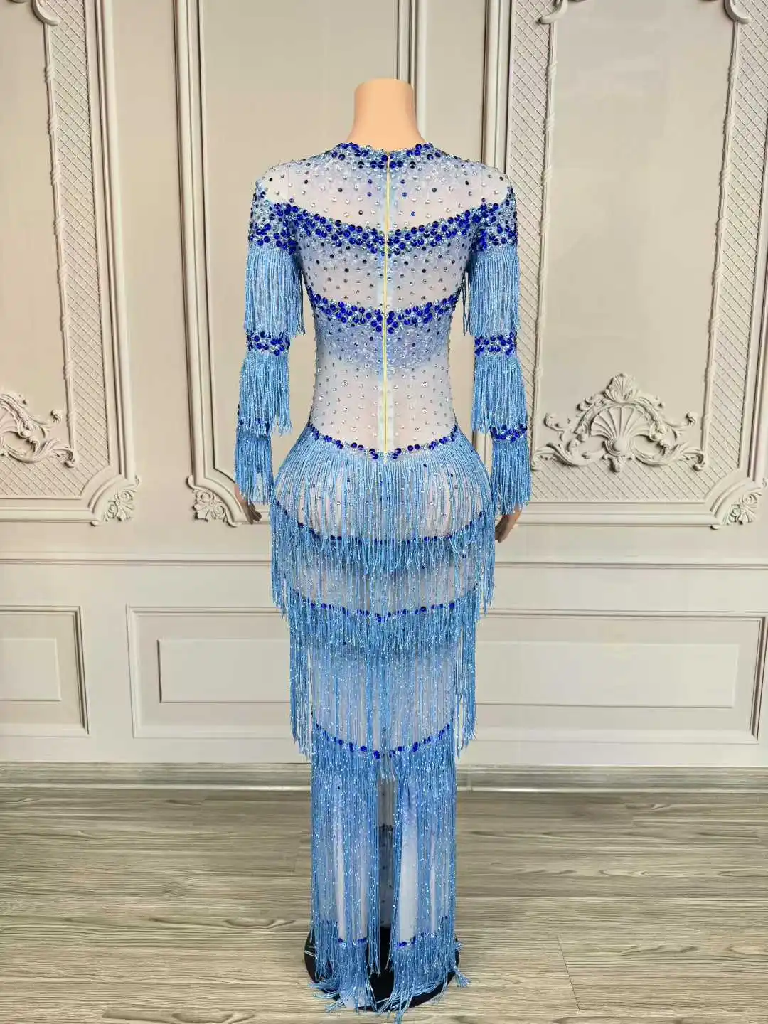 キラキララインストーンフリンジマキシロングドレス女性のセクシーな透明エレガントなイブニングパーティー誕生日ドレス写真撮影ステージ着用