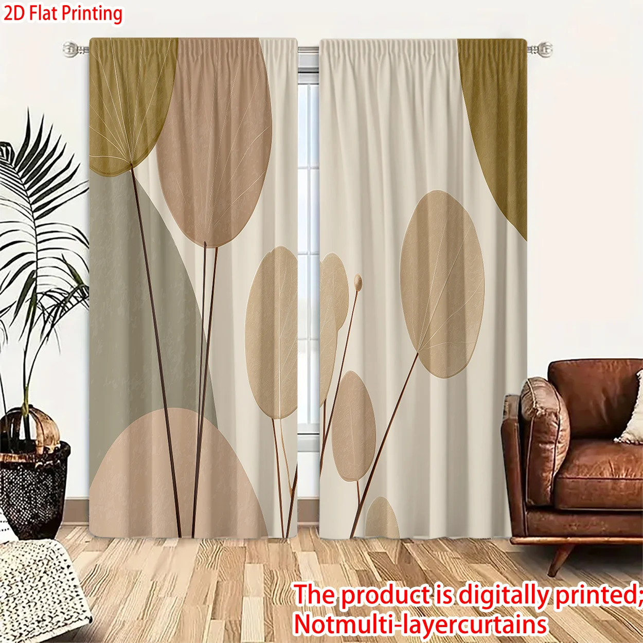 Minimalist Botanical Abstract Curtain Pair Earth Tone Beige Leaf Print Drapes Lightweight Window Curtains for Living Room Home