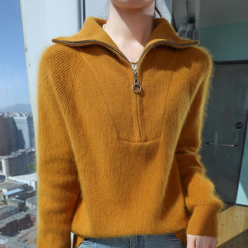 100% Pure Mink Cashmere Half Zipper Sweater Women's Turtleneck Knit Pullover Fashion Loose Long Sleeve Blouse Lapel Thicken Tops