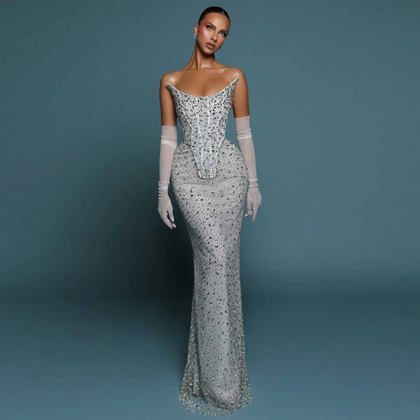 

Stunning Beaded Prom Dresses 2 Pieces Sets Women Outfit Full Crystals Long Evening Party Dresses Corset Formal Occasion Dress