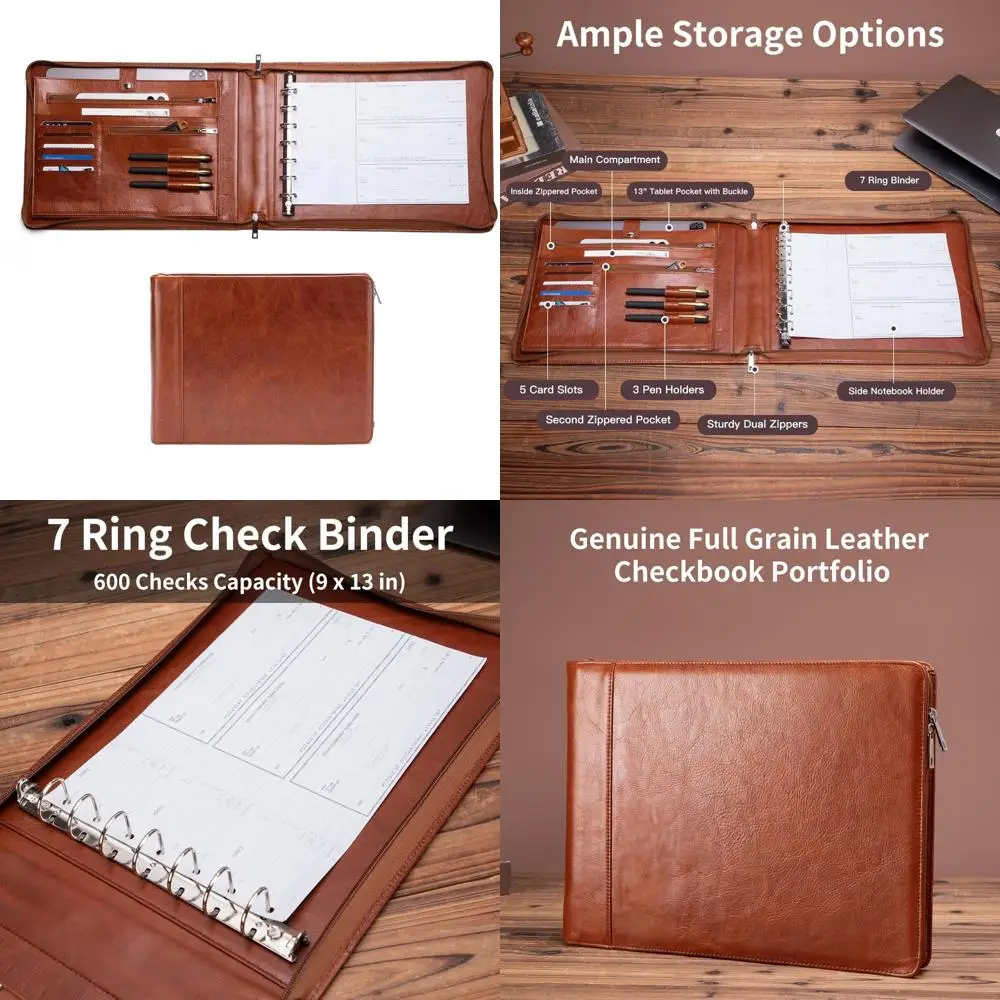

Leather Business Checkbook Cover Holder, 7 Ring Binder, 3-On-A-Page for 600 Checks, 9 x 13, Desk Commercial Cheque Organizer