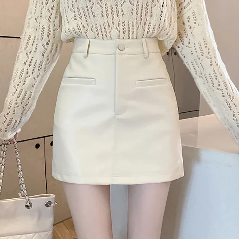 Abrini Women Zipper PU Skirts Office A-line Skirts Casual Solid Button Pockets High Waist Mini Skirts Party Spring Summer