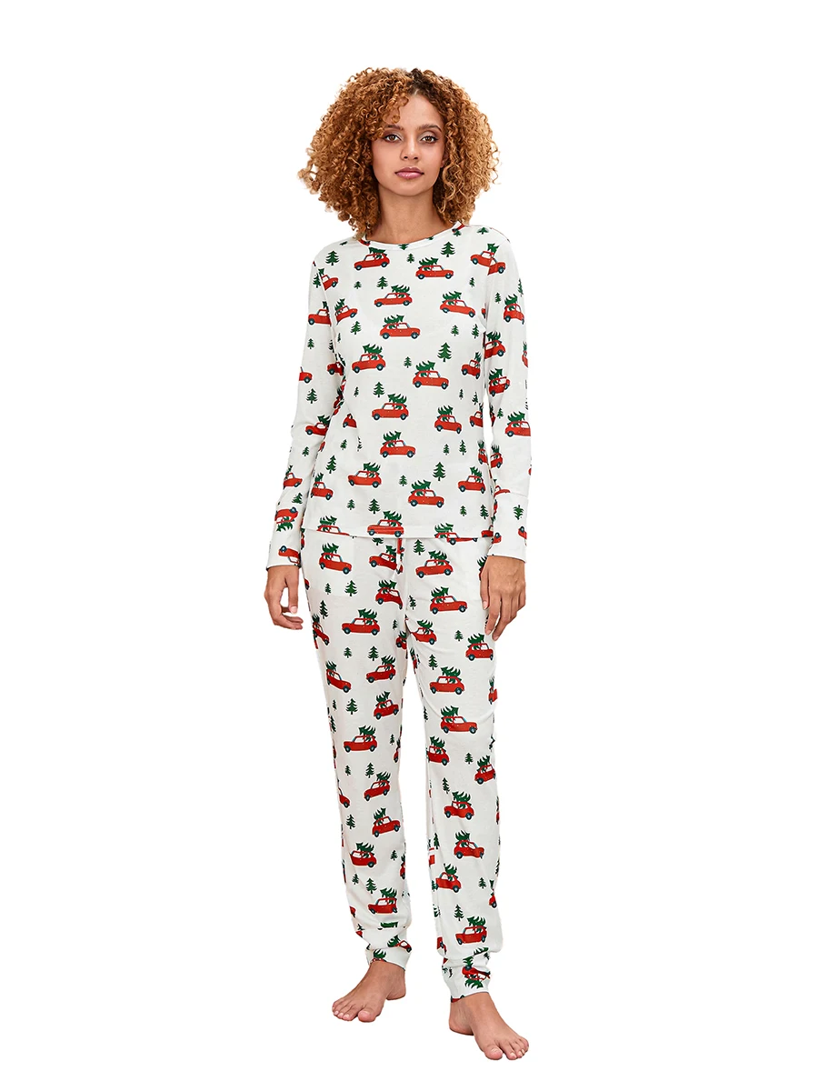 Womens Christmas Pajama Set Tree Car Print Round Neck Long Sleeve Tops Elastic Waist Pants 2 Piece Set