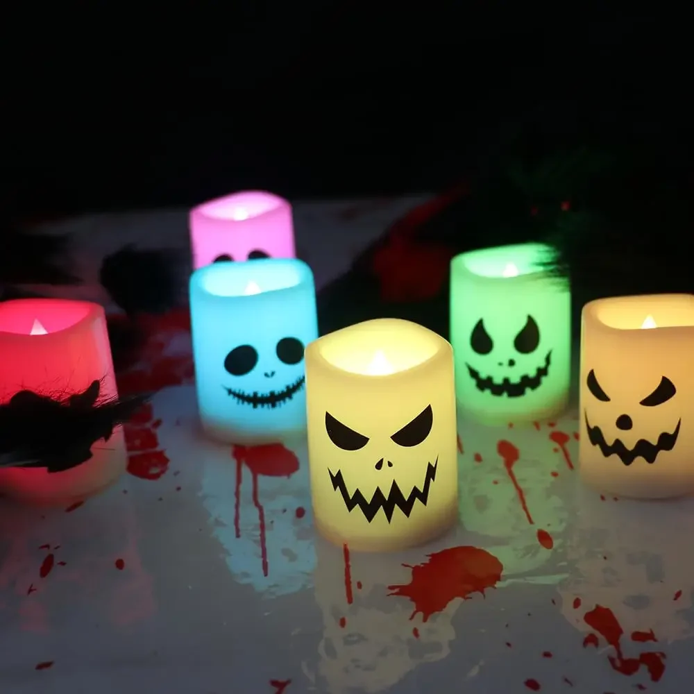 6pcs Halloween LED Candles Battery Operated Flameless Flickering Tea Lights Color Changing Votive Ghost Face Decor,Party Home