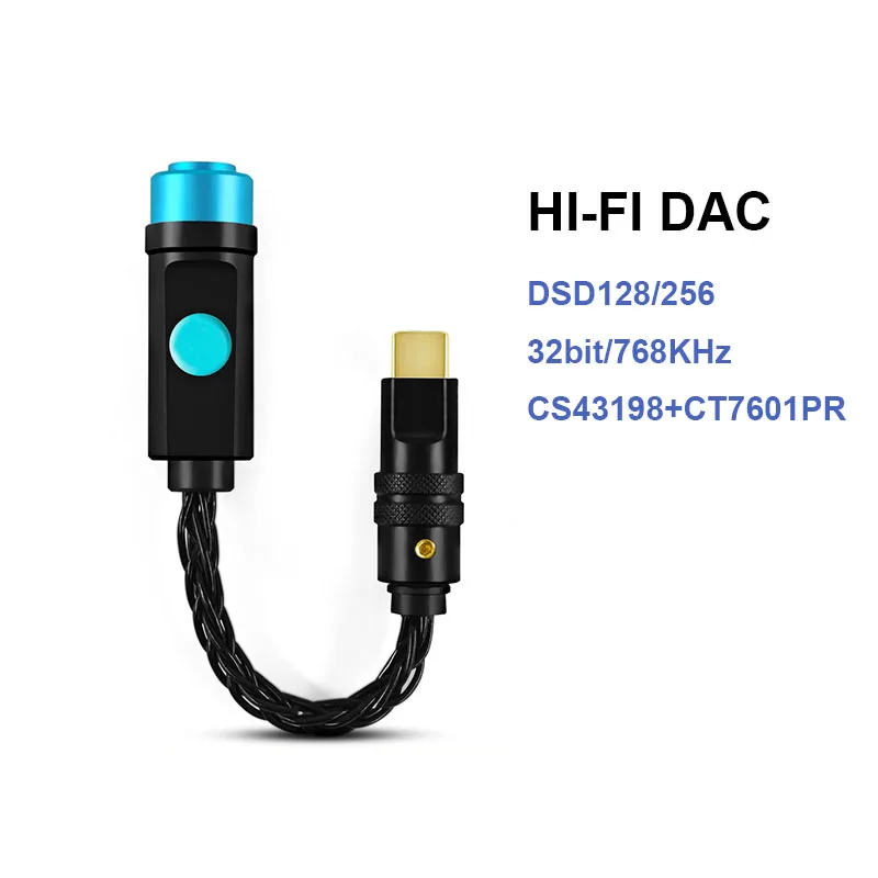 

Аудиодекодер-усилитель для наушников USB Type-C на 3,5 мм с поддержкой PCM768kHz DSD256, CS43198 + CT7601PR, HiFi