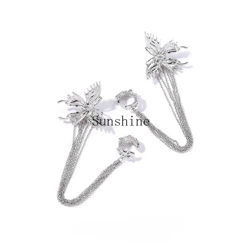 Exaggerated Spice Girl Metal Butterfly Tassel Earrings Earclips Integrated Earrings