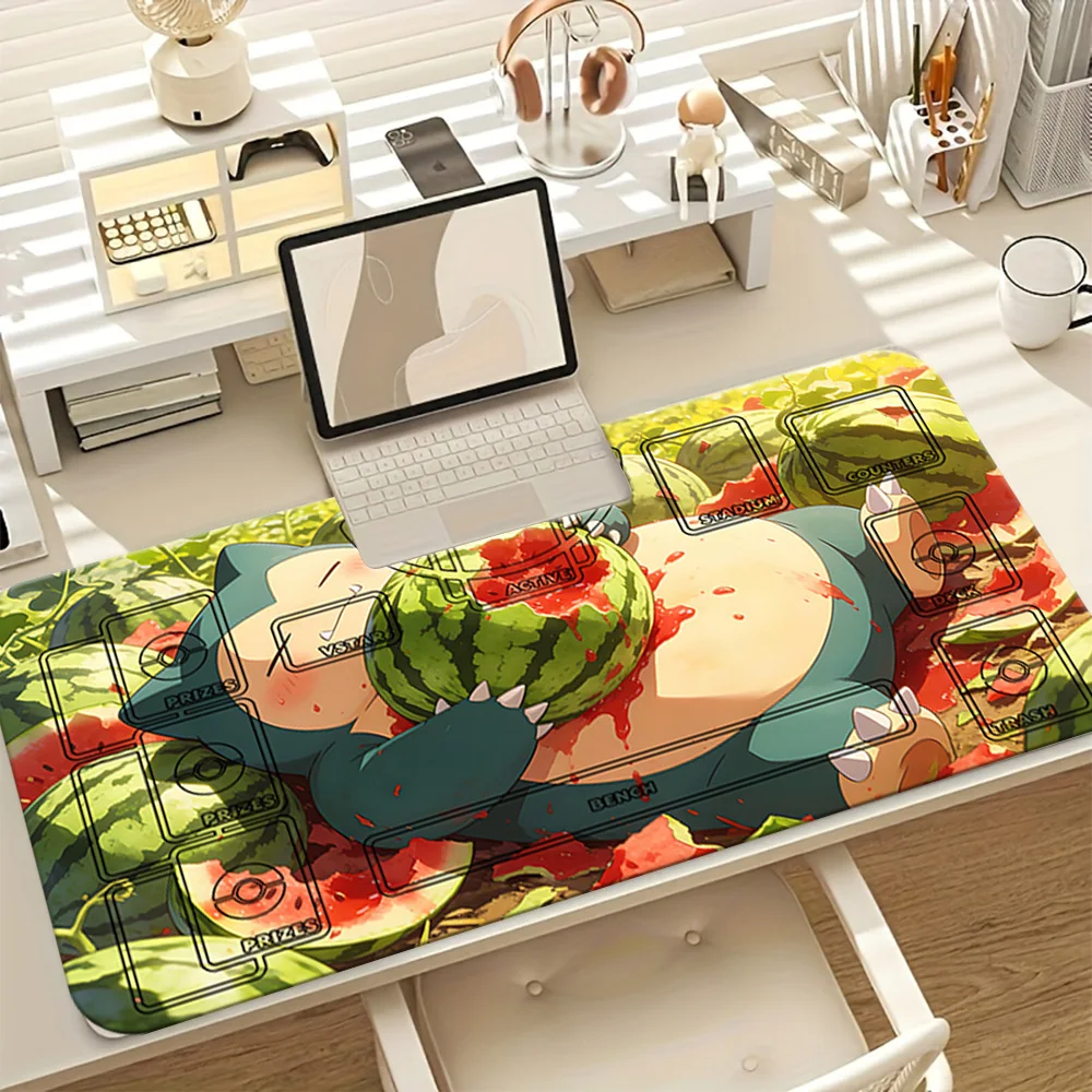Snorlax Watermelon Feast Pokemon TCG Playmat, Large Extended Gaming Mouse Pad with Card Zones, Non-Slip Desk Mat for Trading Car