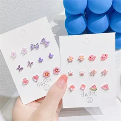 Conjunto de pendientes coloridos de cerámica de resina a la moda para mujeres y niñas, pendientes de tuerca simples con lazo de flor y corazón, regalos de joyería para fiesta