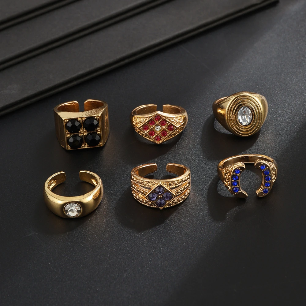 Gold Color Open Ring For Men Black Square  Blue Horseshoe Face Ring Set Multicolor Faceted Accent Jewelry Vintage Accessories