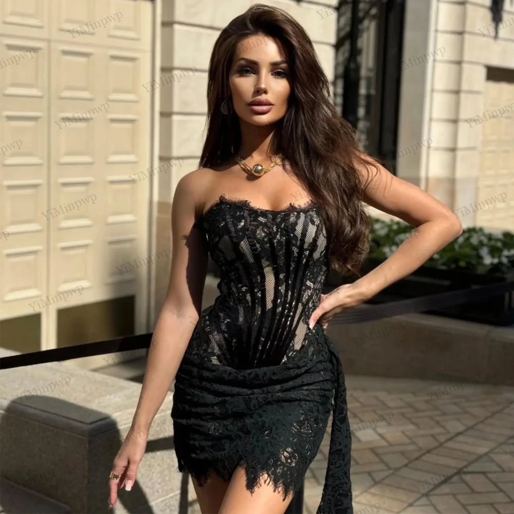 Mini vestido negro de cumpleaños para mujer, apliques con cordones en la espalda, vestidos de graduación de encaje, vestidos de fiesta elegantes, noche curvy personalizado