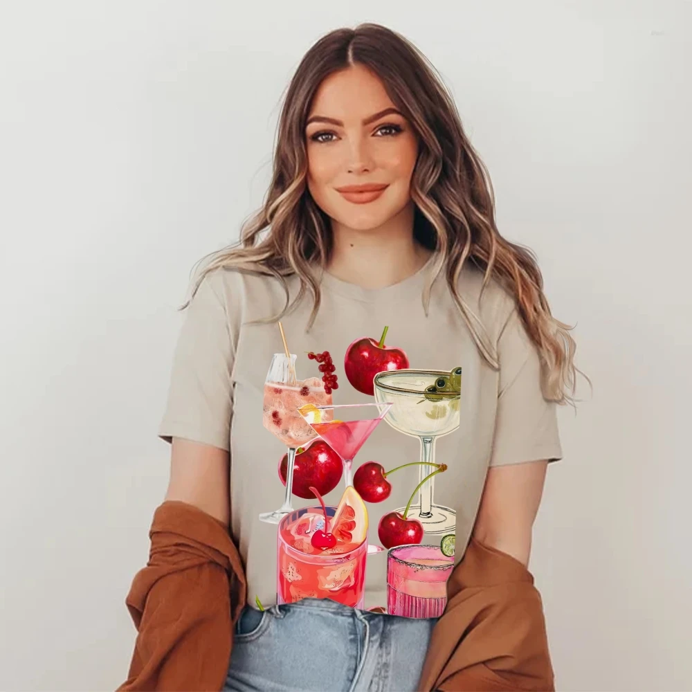 Camiseta gráfica de coquetel de frutas 100% algodão de alta qualidade oversize colorido camiseta cereja bebidas impressão verão y2k vibe
