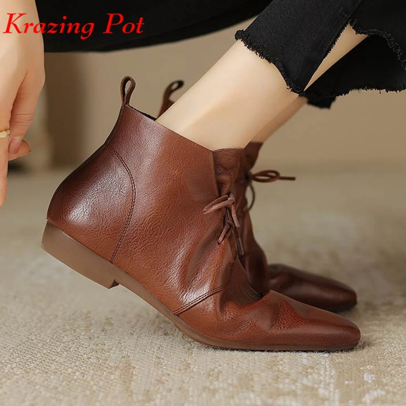

Krazing Pot Cow Leather Pointed Toe Thick Low Heels Winter Shoes Modern Boots Fashion French Chic Office Lady Brand Ankle Boots