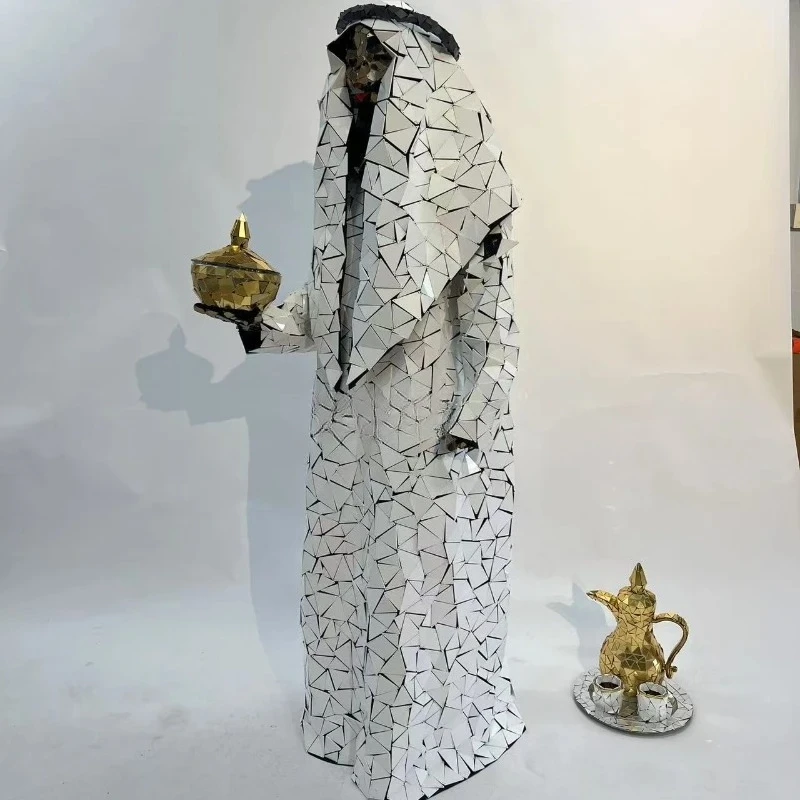 

Silver Mirror Men Costume Headdress Wine Pot Tea Cup Event show performer Customes Toasting Clothing Stage Performance Gold Suit