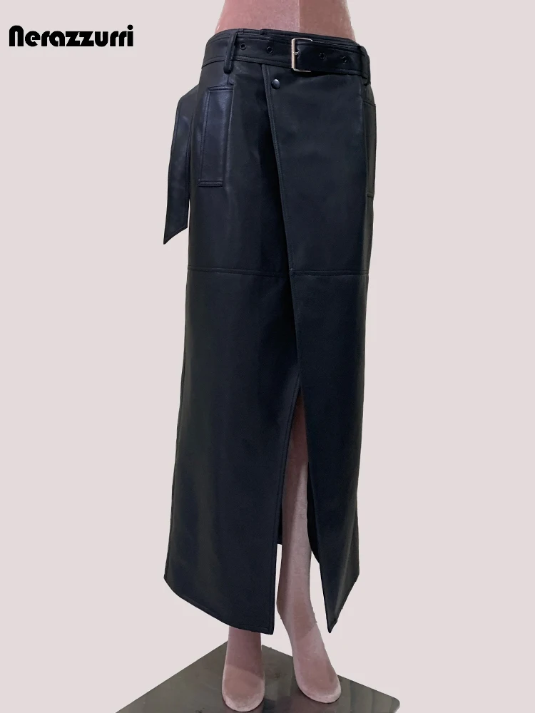 Nerazzurri Spring Autumn Black Pu Leather Maxi Skirt Women with Front Slit Belt Extra Long Elegant Luxury Designer Clothes 2025