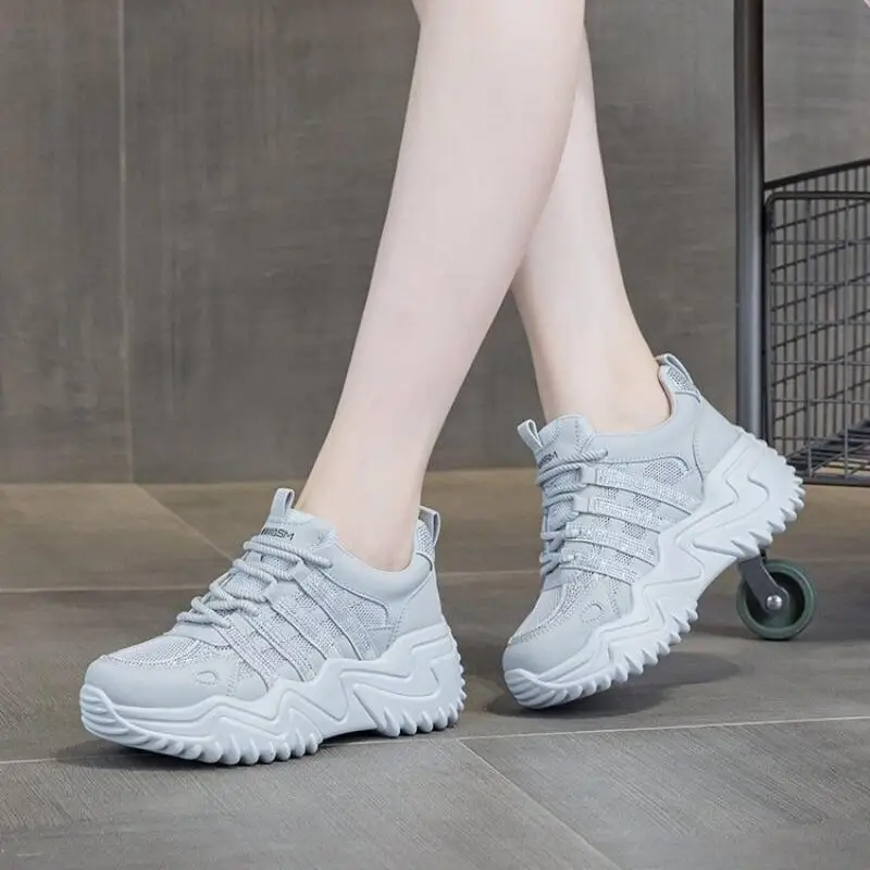 Women Breathable Mesh Sport Shoes Thick Bottom Casual Dad Shoes Versatile Cross Strap Leather Splice Anti-slip Sneakers