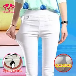 Sexy Open Crortch Leggings Women Open Hole Hot Pants Hidden Zipper Korean Style Ankle-Length Pockets Pencil Pants Fake Jeans