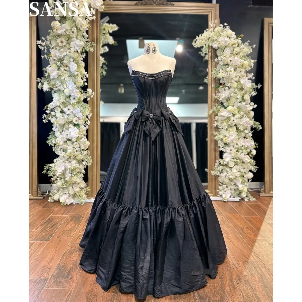 

Sansa Exquisite A-line Bow Taffeta Prom Dress Customized Floor-Length Wedding Dresses Strapless Sleeveless Vestidos De Fiesta