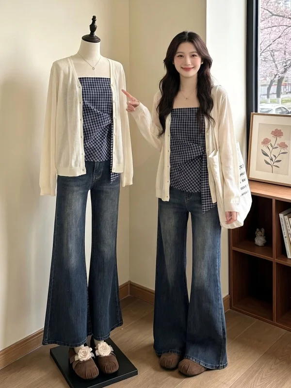 

Summer 2026 plus Size Women's Plaid Strap Vest Sun Protection Outerwear Cardigan Two-Piece Set Regular Sleeve Long Sleeve Com...