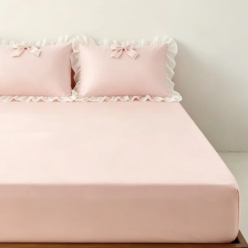 3Pcs Fitted Bed Sheet With Elastic Band Anti-slip Adjustable Mattress Cover lace bow Pillowcase without pillow core