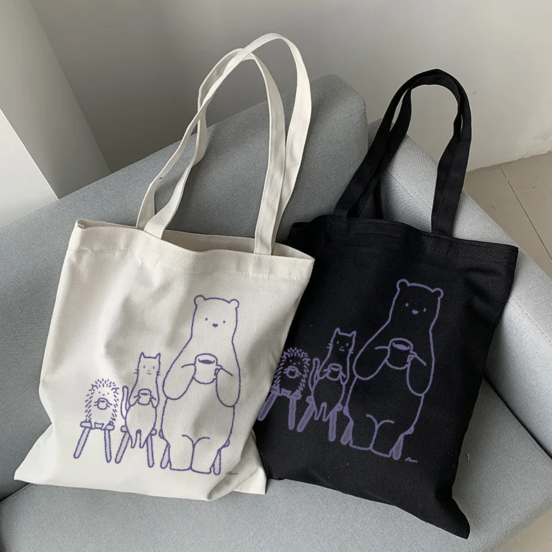 Casual Handbag Gothic Punk Bear Canvas Tote Bags Women Eco Reusable Shoulder Shopper Bags Harajuku Tumblr Graphic Shopping Bag