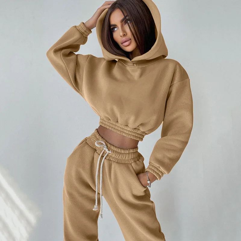 Women\'s Tracksuit Casual Solid Long Sleeve Hooded Sport Suit for Fitness Two Piece Set Autumn Hoodie Sweatshirts and Long Pant