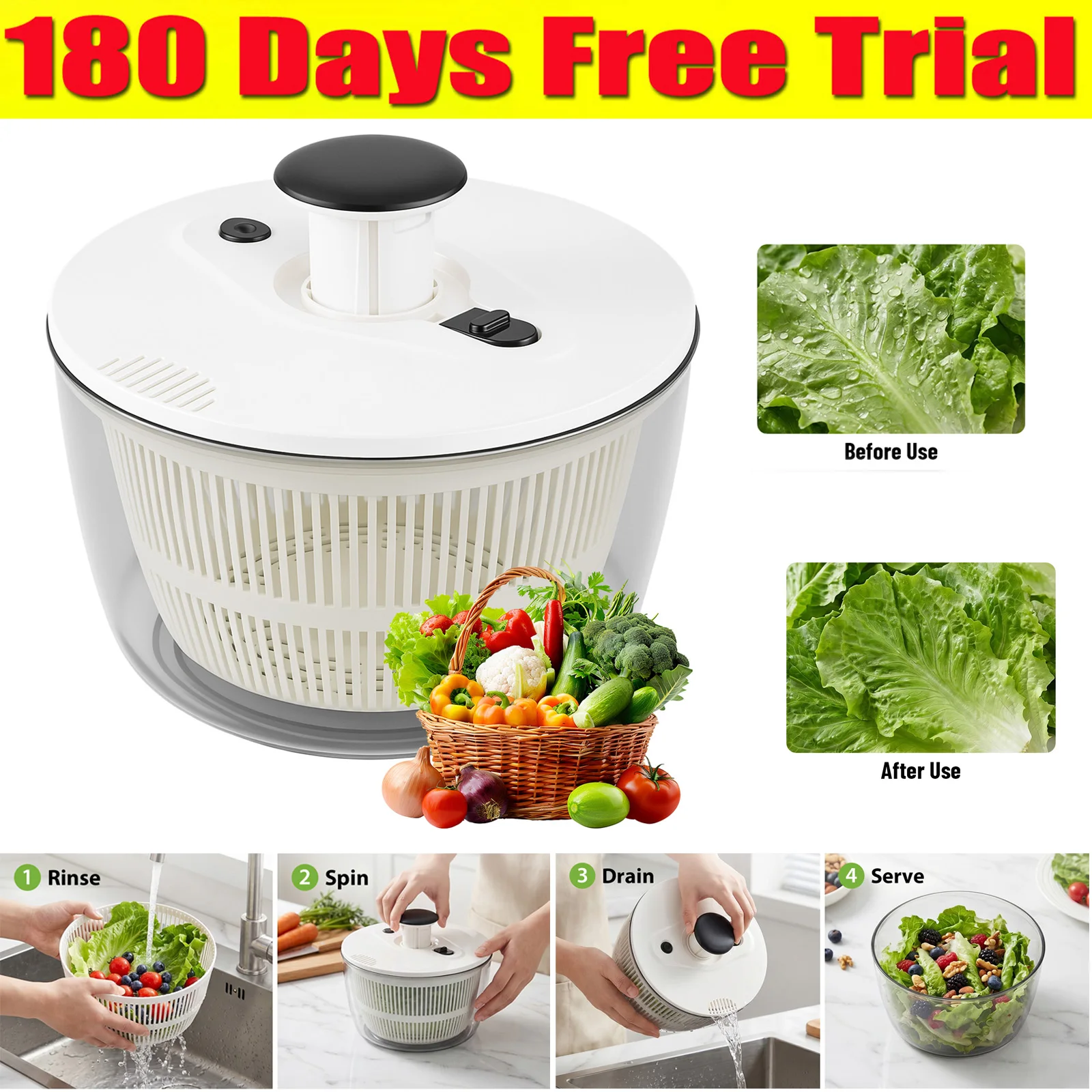 Utensili e accessori da cucina: centrifuga per insalate, con pompa azionabile con una sola mano per asciugare le insalate in modo rapido e con il minimo sforzo. La ciotola trasparente e resistente può