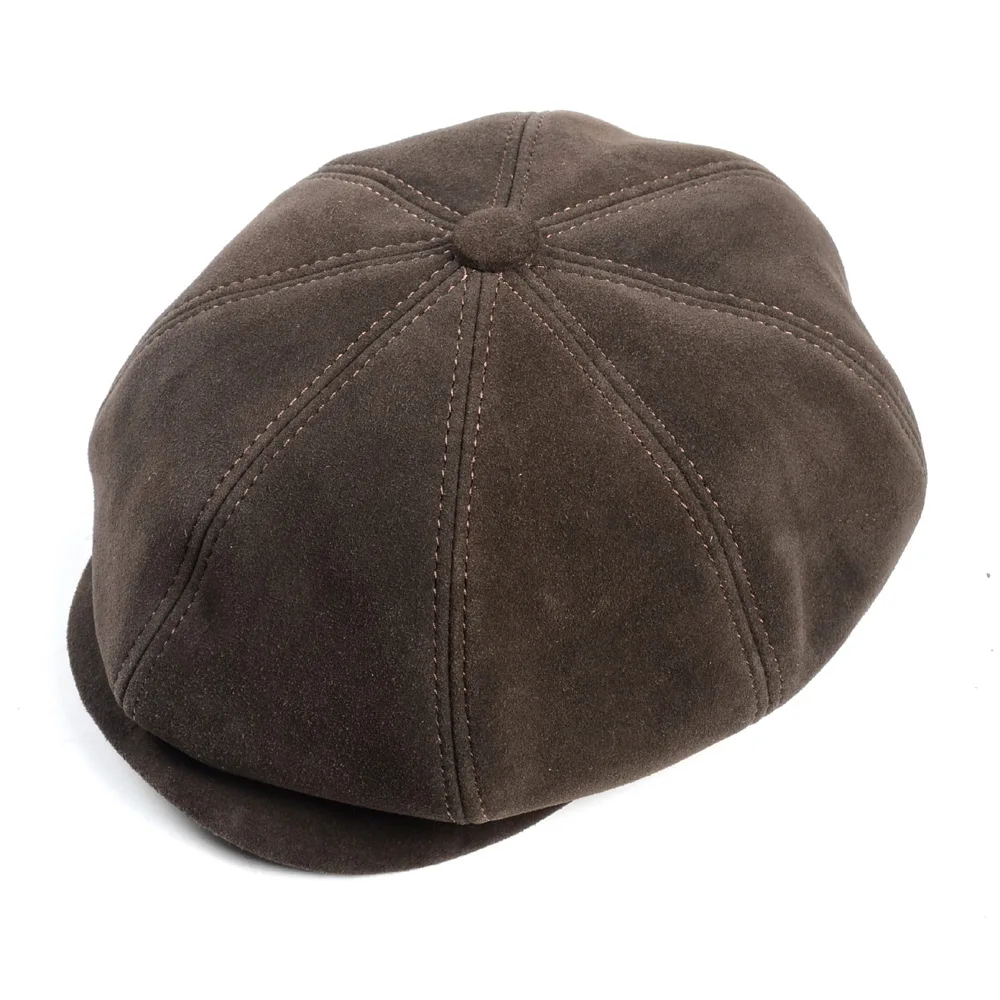 Suede Octagonal Beret Cap Men Women Winter Fashion Casual Newsboy Hat Genuine Leather Warm Coffee Boina Hombre