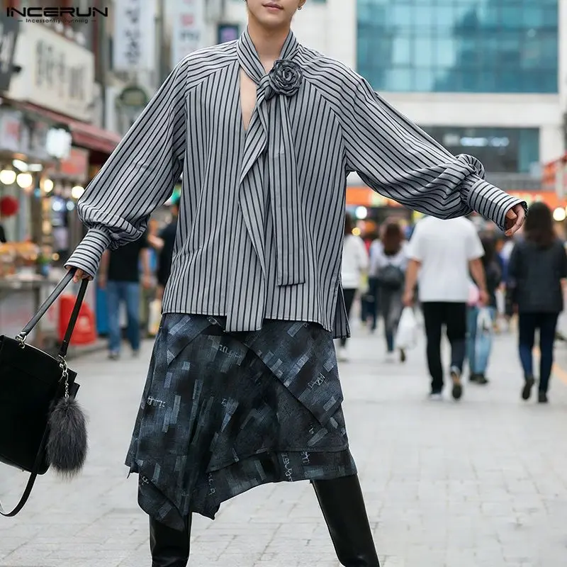 

INCERUN Men Striped Shirt Flower Tie Up V Neck Long Sleeve Men Clothing Streetwear Oversize 2026 Fashion Casual Tops Male Shirts