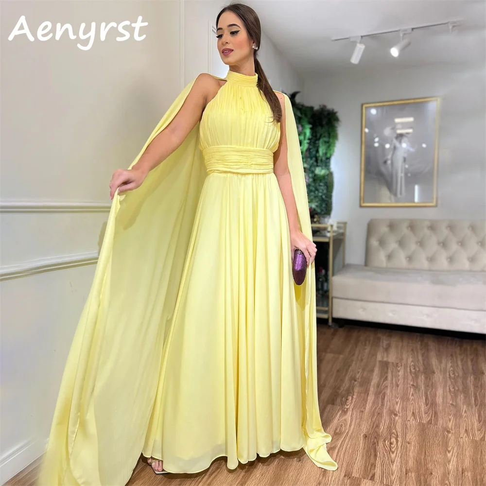 

Aenryst Yellow Halter A Line Chffion Prom Dresses Long Cap Sleeves Pleated Evening Dress Floor Length Formal Occasion Gowns 2024