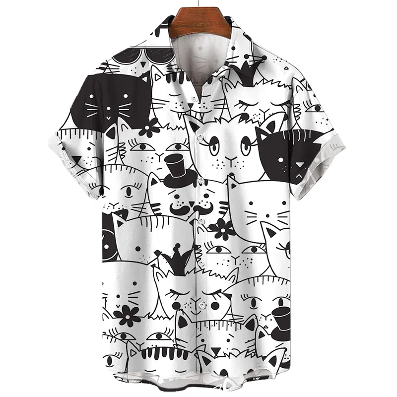 2023 3d Lapel Hawaiian Shirt Man Casual Short Sleeve Anime Shirts Cartoon Men\'s Shirt Summer Men Clothes Street Retro Animal Cat