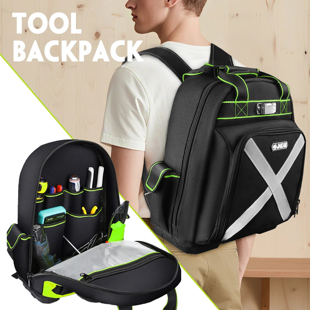 Jakah New Style 14 Pockets Tool Backpack for Men Heavy Duty Bag with Molded Base Hand Tools Waterproof Bottom Tool Carrier