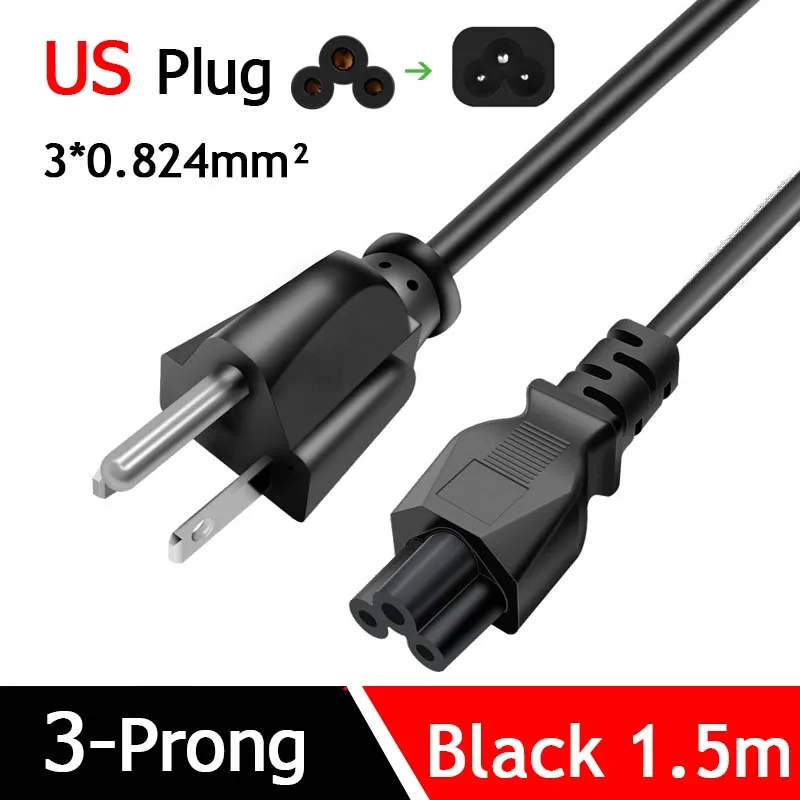 Standard US Plug AC Power Supply Cord Black 1.5m 3 Prong Connector Charging Line 3*0.824mm² Copper Wire For Computer TV PC Lapto