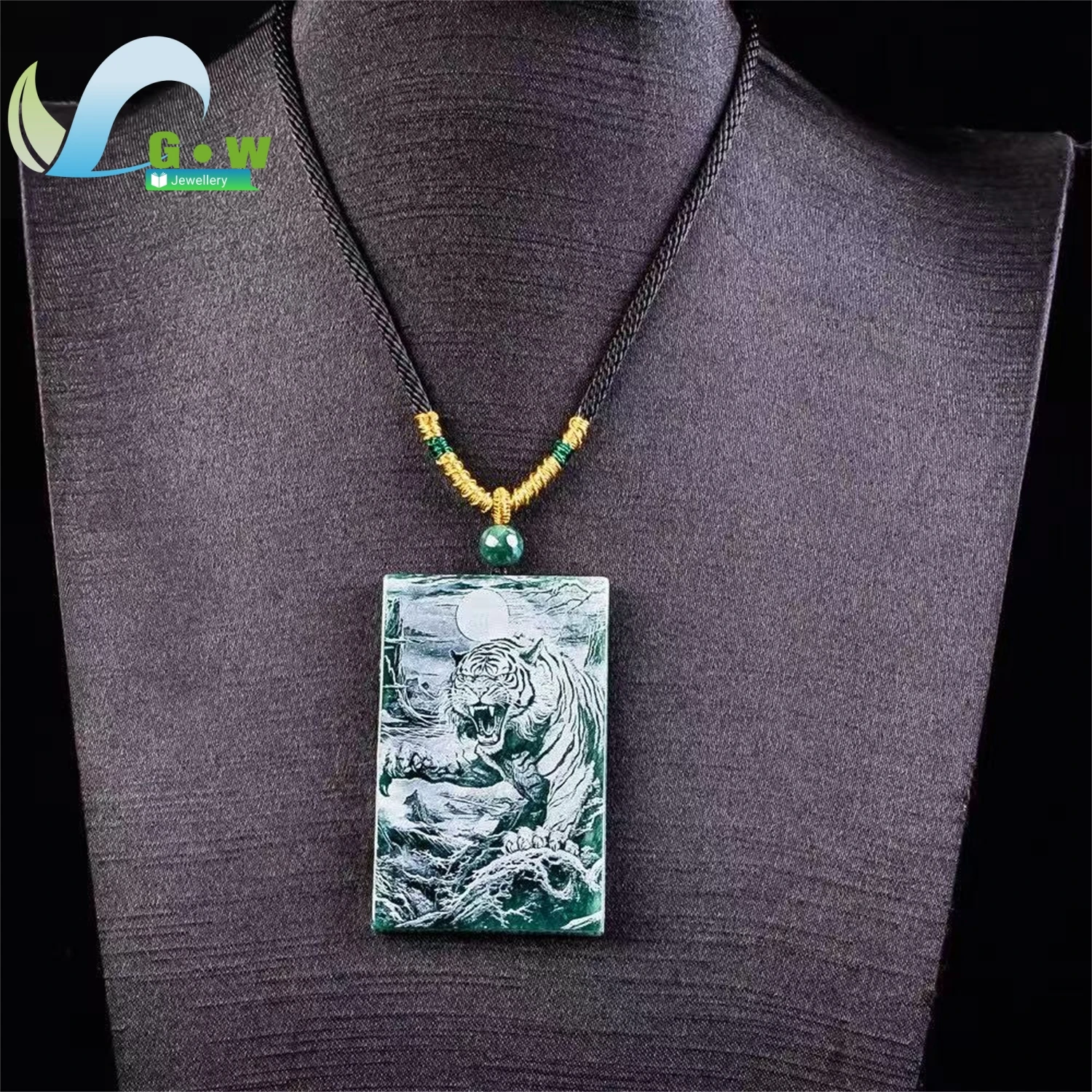 Natural Jadeite Tiger Square Pendant Double Sided Shadow Carved Unisex Fine Jewelry Gift Lucky Protector Artisan Craft Charm