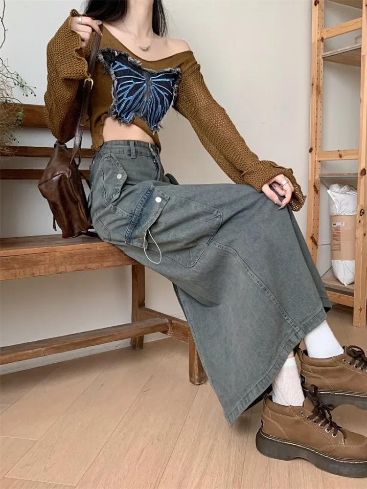 

2024 Summer Women's Harajuku Vintage Baggy Blue Denim Skirt High Waist Y2K Street Style Basic Casual A-line Slim Fit Slit Skirt