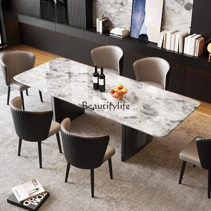طاولة طعام مستوردة من الحجر الطبيعي الفاخر أوريو باللون الرمادي، طاولة طعام رخامية منزلية مستطيلة وبسيطة