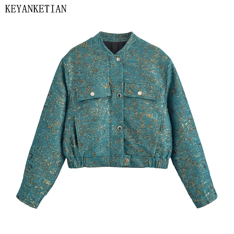 

KEYANKETIAN осенняя новая женская однобортная жаккардовая куртка-пилот с откидными карманами, женский топ