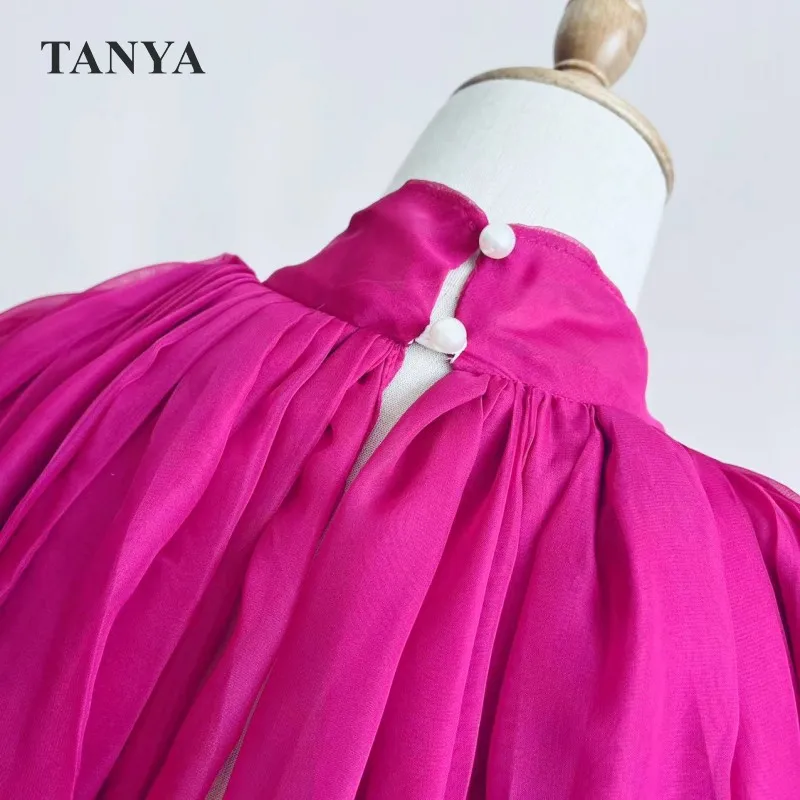 Hot Pink Silk Chiffon Wedding Cloak Puffy Sleeves Jacket Bridal Accessories Short Bolero Shawl Free Size High Neck With Buttons