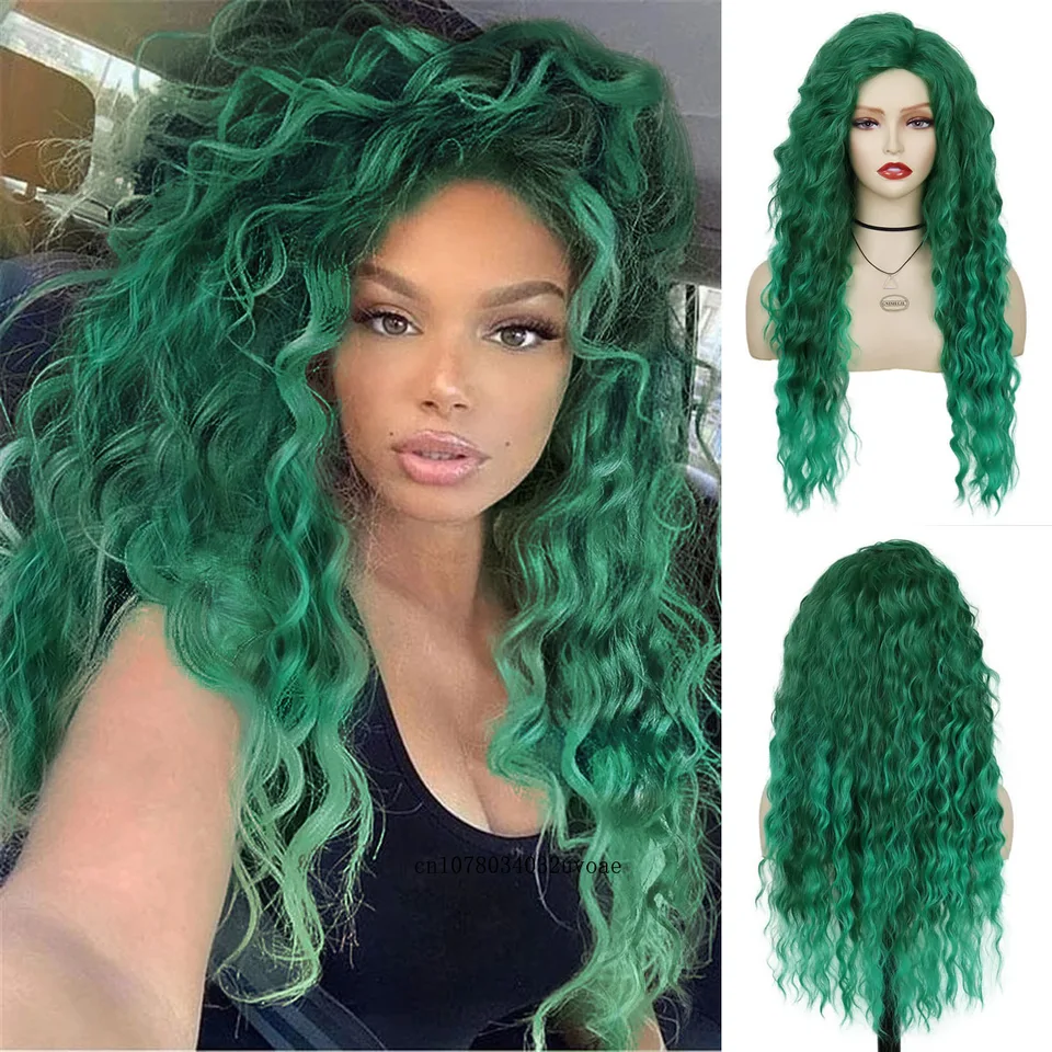 Long Wavy Green Synthetic Wig with Bangs for Women Heat  display picture 2