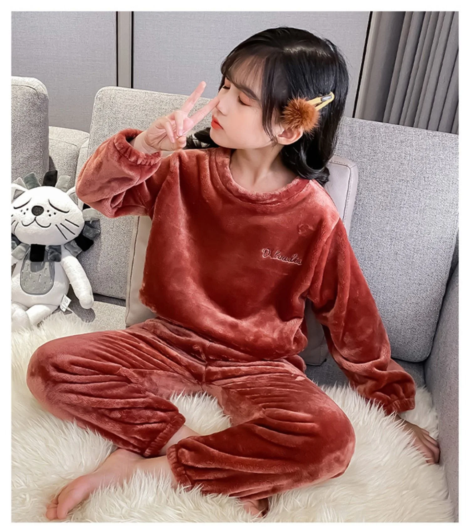 Baby Herbst-Winter Fleece-Pyjama-Set für Jungen und Mädchen, Langarm-Oberteil und Hose, Warme Homewear, Weiche Kinder-Loungewear, Locker Sitzend, Lässig – Detail 12