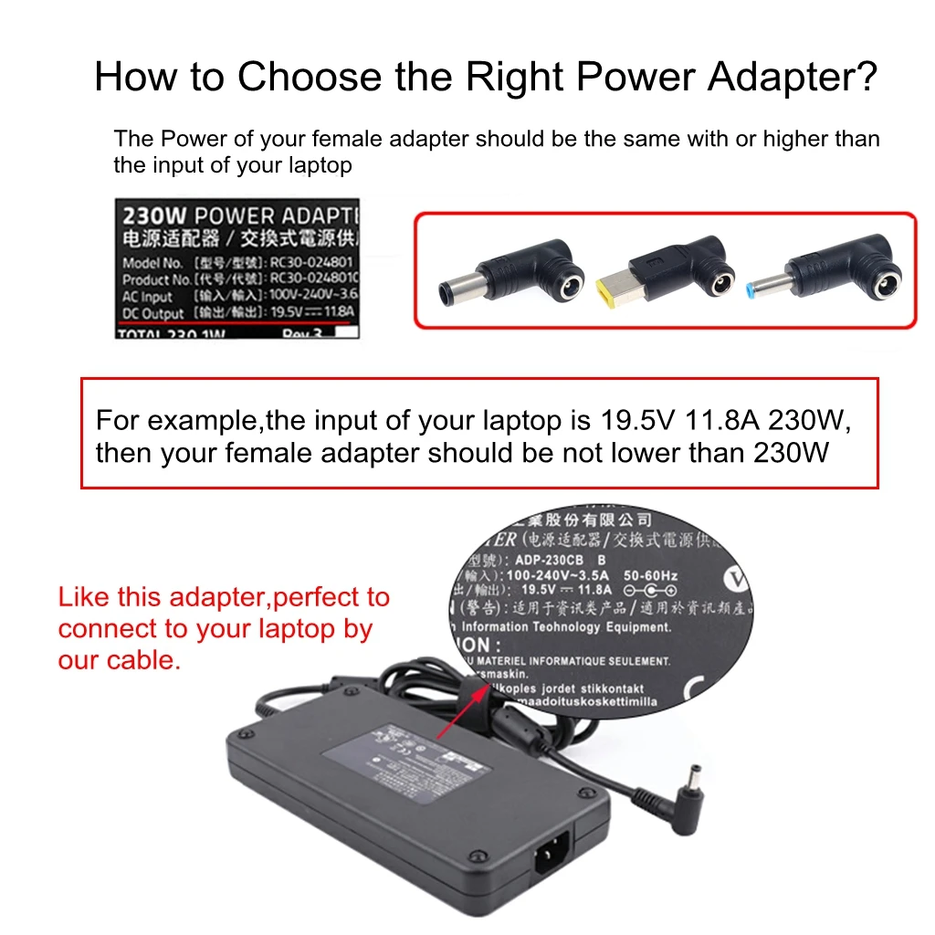 240W Laptop Charger Adapter Converter for Lenovo ThinkPad Yoga Legion Power Supply 5.5*2.5/7.4/6.0*3.7mm DC Female to Square Pin