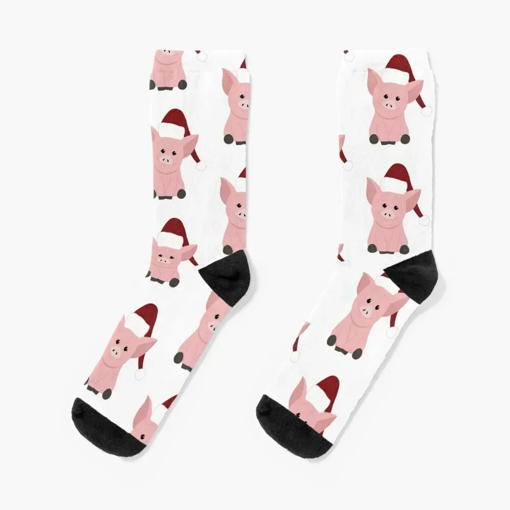 Pink Christmas Pig in Santa Hat Socks hiking cycling cotton Men Socks Luxury Brand Women's